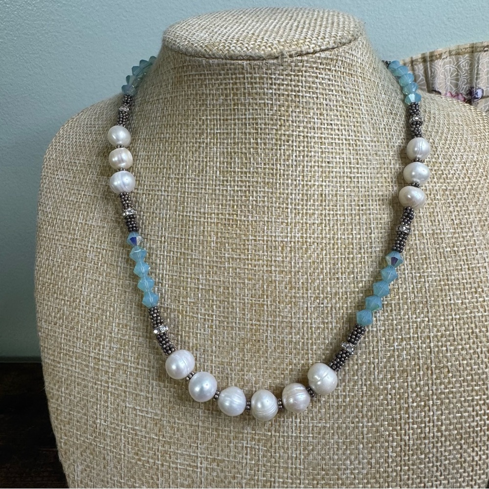 Freshwater Pearl Necklace Blue Crystal 925 Sterling Clasp 20” Mermaid Ethereal
